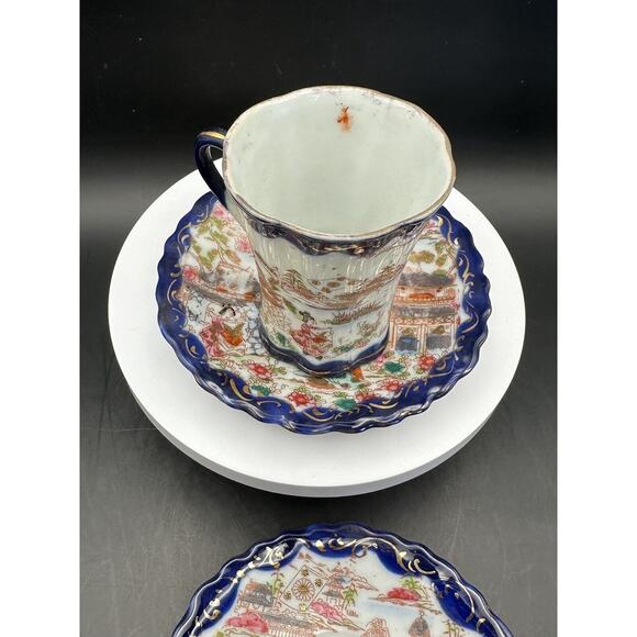 Vintage Kutani Eggshell Porcelain Chocolate Cup w/ Two Saucers Signed - Picture 5 of 8